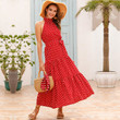 Polka Dot Printed Stand Collar Pleating Halter Maxi Dress Female Summer Floral Dresses