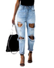 Autumn City Leisure Washed-out Hole Light Denim Trousers For Women Jeans