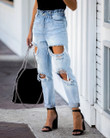 Autumn City Leisure Washed-out Hole Light Denim Trousers For Women Jeans