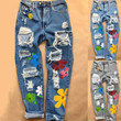 Printed Ripped Fashion High Waist Four Straight-through Women's Jeans Trousers