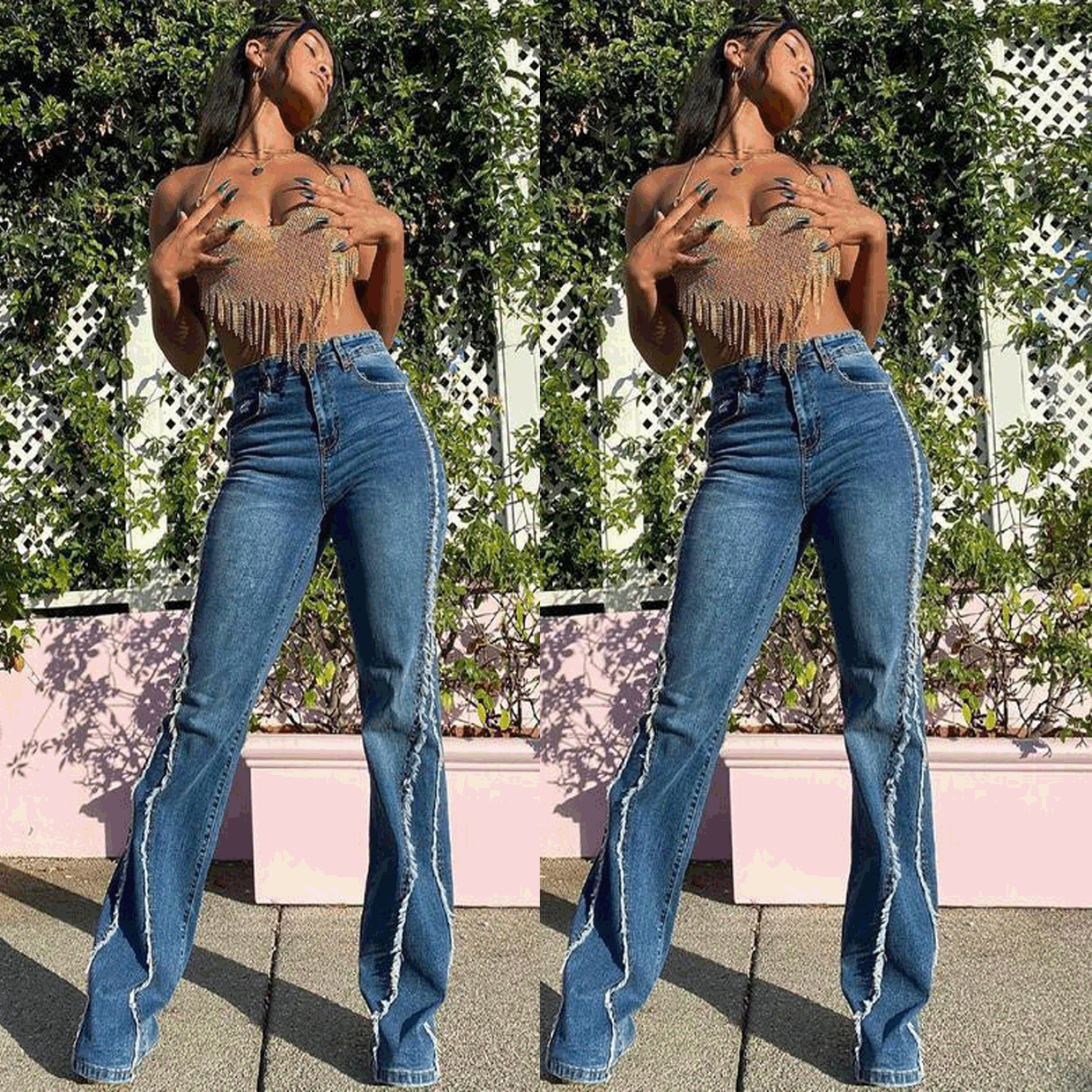 Washed Raw Edge Street Trendy High Waist Straight Jeans