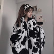 Winter Style Soft Girl Cute Cows Pattern Cardigan Zipper Coat Female Plush Student Thickened Cotton