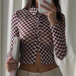 Women's Autumn Top Retro Lapels Slim Chessboard Plaid Lapel Long Sleeve Shirt Trendy Blouses