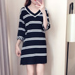 Dress Knitted Striped V-neck Long Sleeve One-step Plus Size Temperament Women's Clothing