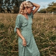Women's Spring V-neck Half Sleeves Bow High Waist Green Printing Dress