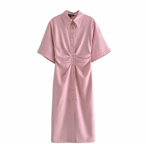 Women's Pleated Polo Collar Solid Color Dress