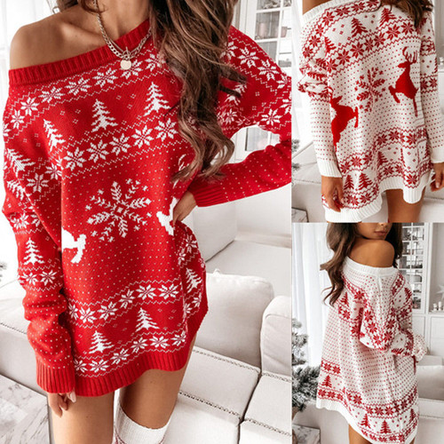 Knitted Sweater Female Lady Christmas Jacquard Loose-fitting Long-sleeved Dress