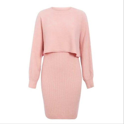 Knitted Dress Two-piece Fashion Solid Color Pullover Sweater Women