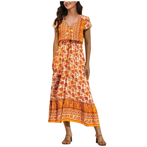 Summer Women's V-neck Rayon Printed Bohemian Dress Long Skirt