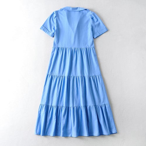 Blue Stitching Women's Dress Loose Temperament V-neck Midi Skirt Large Swing Evening Dresses