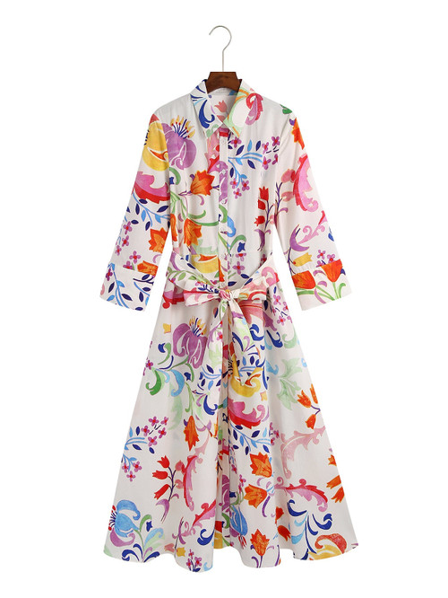 Spring Women's Clothing Long Sleeve Printed Midi Skirt Dress Evening Dresses