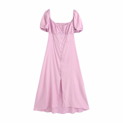 Summer Square Collar Solid Color Pleated Slim Mid-length Midi Skirt Dress Evening Dresses