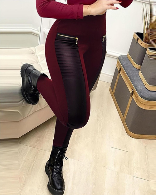 Women's Clothes Casual Pants Black Trousers With Color Imitation Leather Glossy Stitching Bottoms