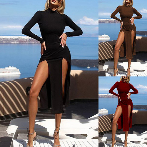 Autumn Solid Color Sexy Slim-fit Double Slit Half-high Collar Long Sleeves Sunken Stripe Dress Skinny Dresses