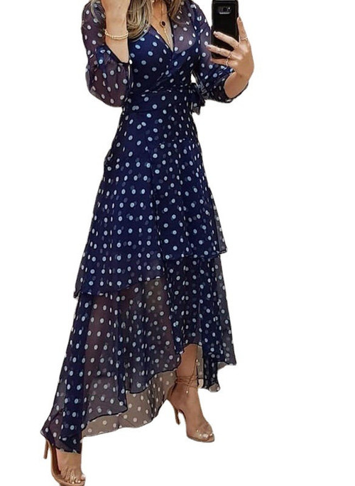 Women's Urban Casual V-neck Irregular Polka Dot Printed Long Dress Casual Dresses