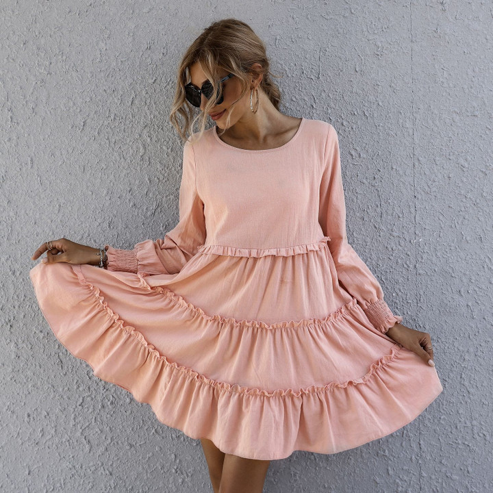 Casual Round Neck Long Sleeve Solid Color Loose Dress Spring