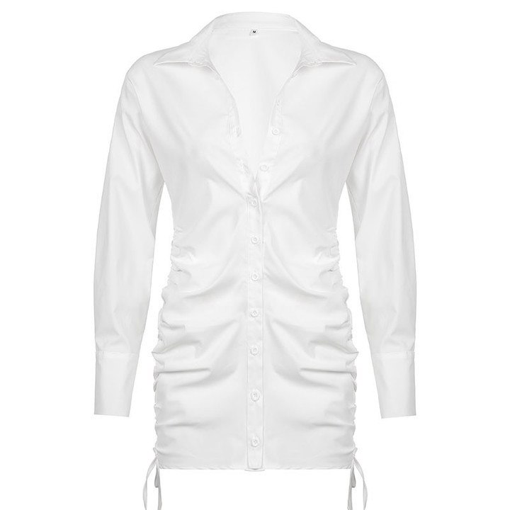 Design Autumn Solid Color Long Sleeve Dress Slim Fit Pleated Tie Lapel Shirt