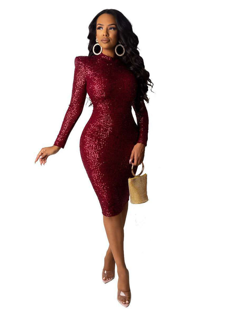 Women's Autumn Stretch Dress Sequined Mid-length