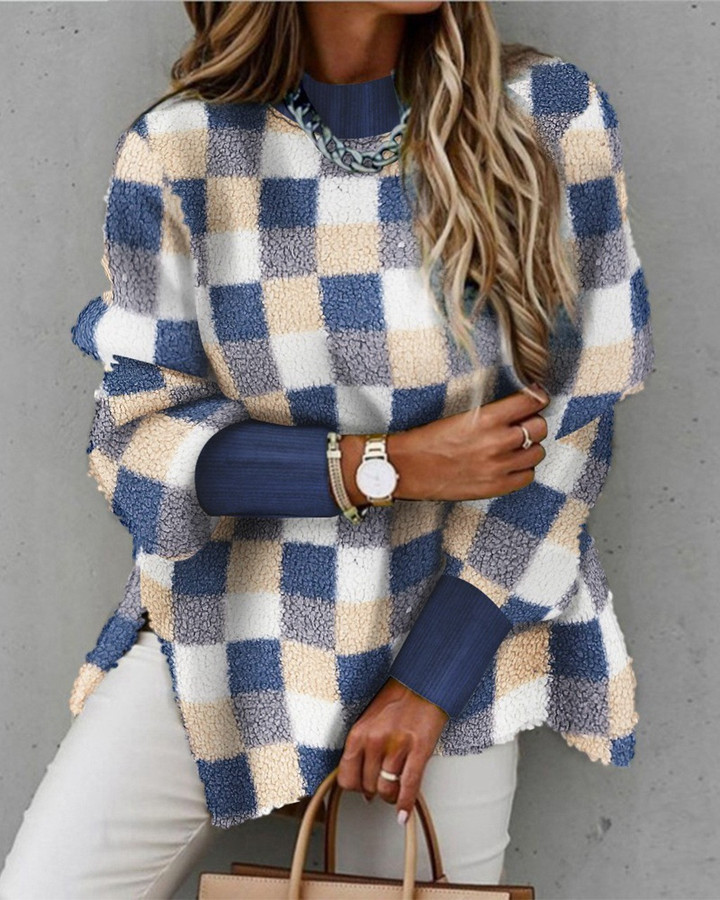 Fashion Plaid Half-high Collar Long Sleeves Split Sweater