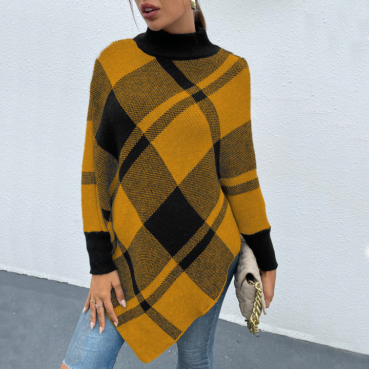 Autumn Turtleneck Cloak Type Twill Plaid Sweater Women's Pullover Shawl Knitwear