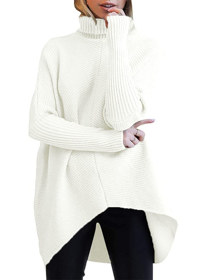 Women's Turtleneck Long Sleeve Batwing Asymmetric Hem Pullover Sweaters Top
