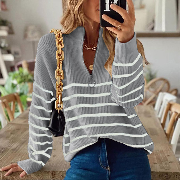 Striped Color Matching Bottoming Top Round Neck Loose Zip Open Chest Cover Head Sweater Needle Woven Women
