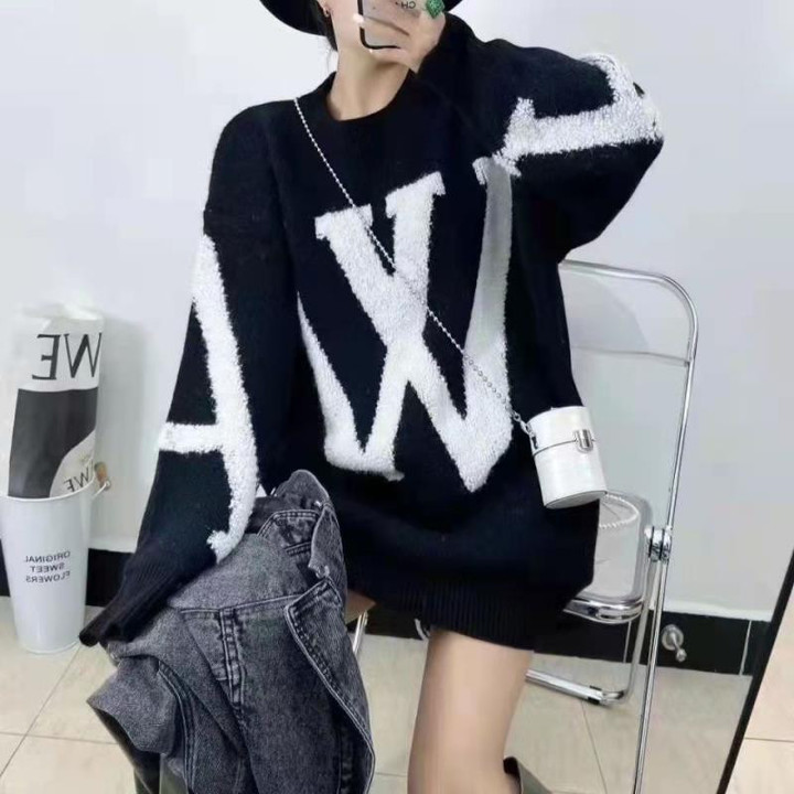 Flocking Letter Jacquard Pullover Women's Fried Street Loose Large Mid-length Sweater Winter