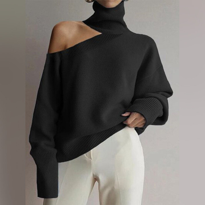 Plus Size Turtleneck Shoulder-baring Sweater Women's Leopard Print Long Sleeve Top