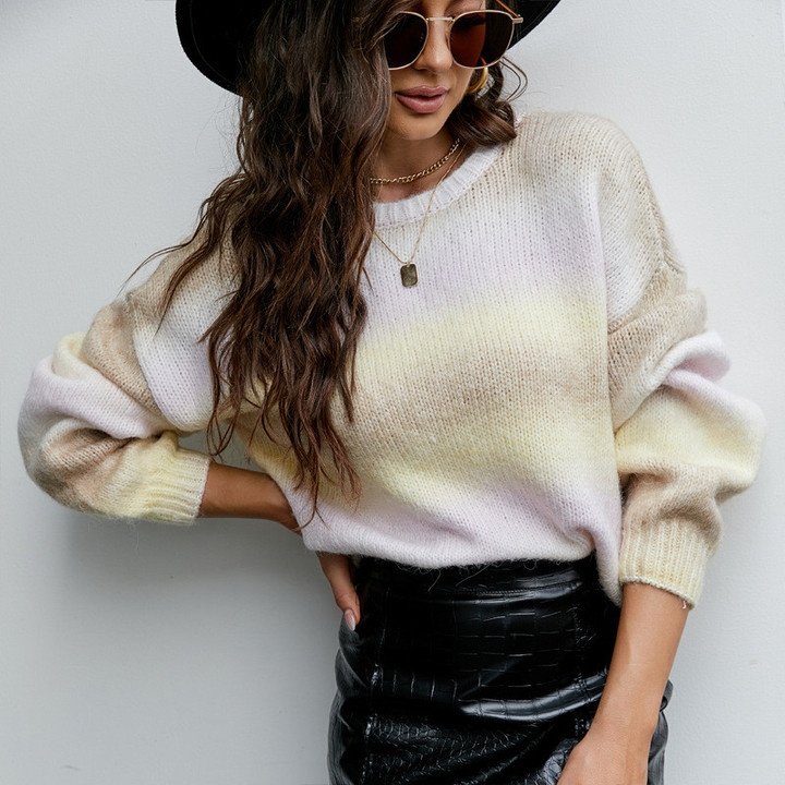 Women's Fashion Gradient Color Knitted Top Sweater Lazy Style Long Sleeve Pullover