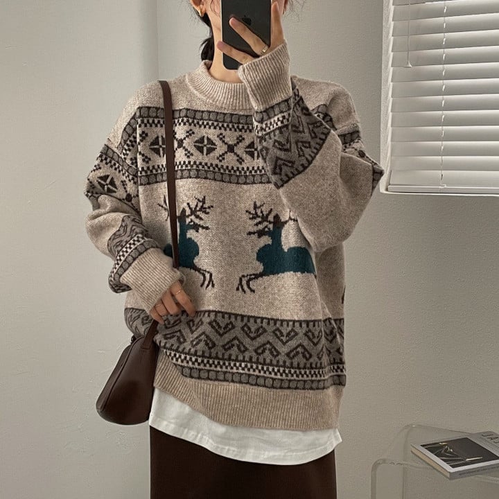 Idle Style Christmas Deer Sweater Women's Loose-fitting Pullover Round-neck Fake Two-piece Knitted Top