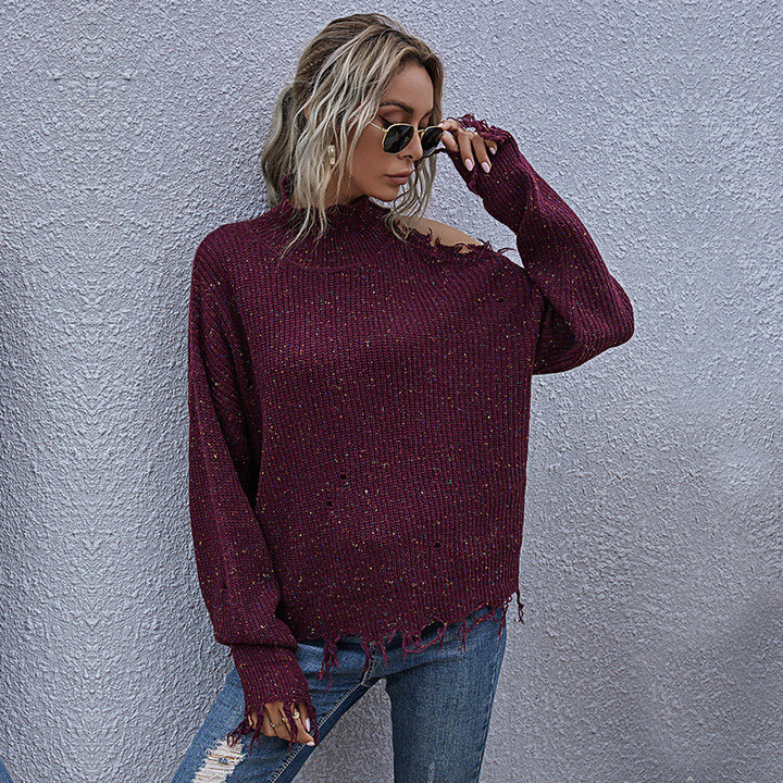 Loose Off-the-shoulder Ripped Women's High Collar Knitted Pullover Sweater Women