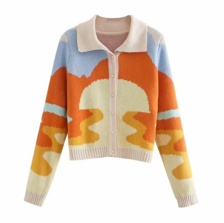 Lapel Embroidery Button Short Cardigan Knitted Oil Painting Color Matching Sweater Women's Coat