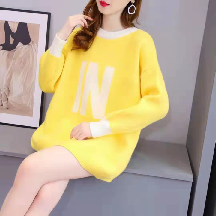Alphabet Knitting Sweater Women's Korean Loose Round Neck Mid-length Fashionable Outer Wear
