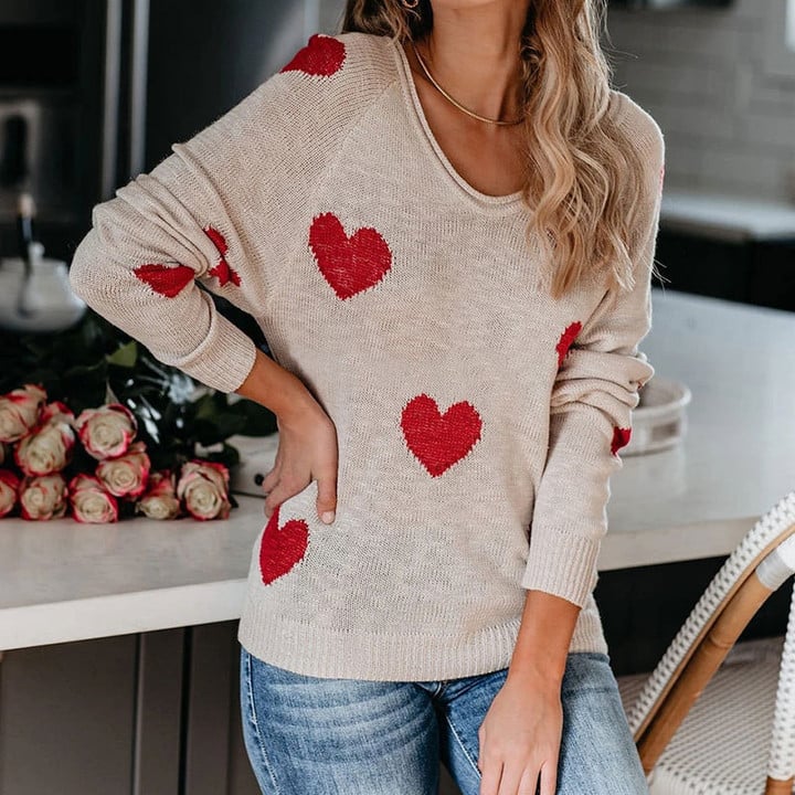 Valentine's Day Sweater Women's Loose Pullover Plus Size Heart-shaped Multi-part V-neck