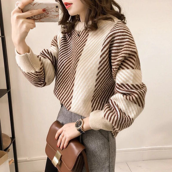 Striped Color-block Crew Neck Sweater Women's Pullover Korean Style Loose