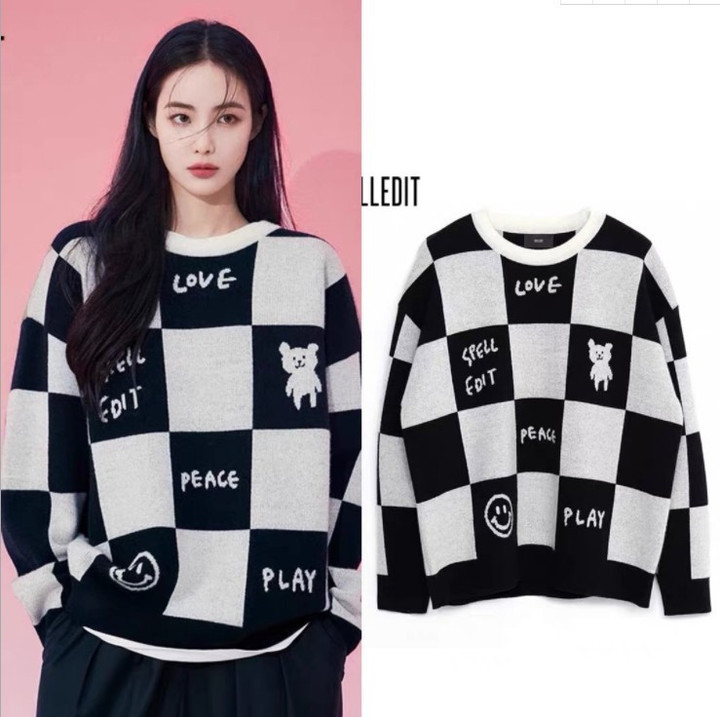 Women's Round Neck Sweater Early Autumn Chessboard Plaid Design Sense Small Korean Loose And Lazy Style