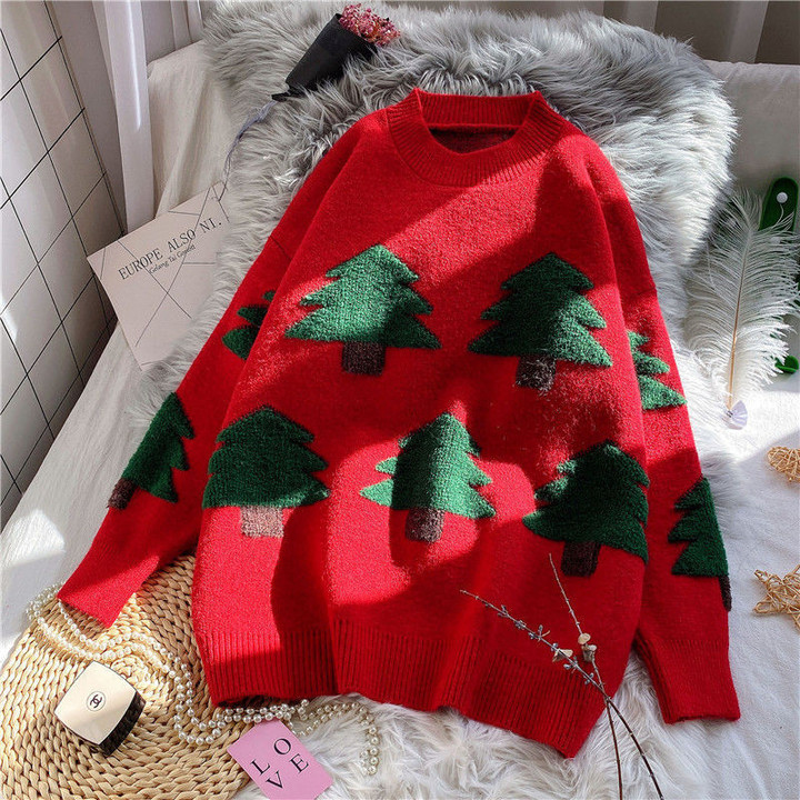Christmas Red Sweaters Women's Clothing Pullover Loose Bottoming Shirt Small Tree Sweater Outer Wear