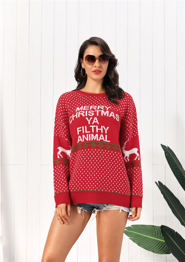 Christmas Women's Knitwear Letter Deer Loose Plus Size Mid-length Sweater