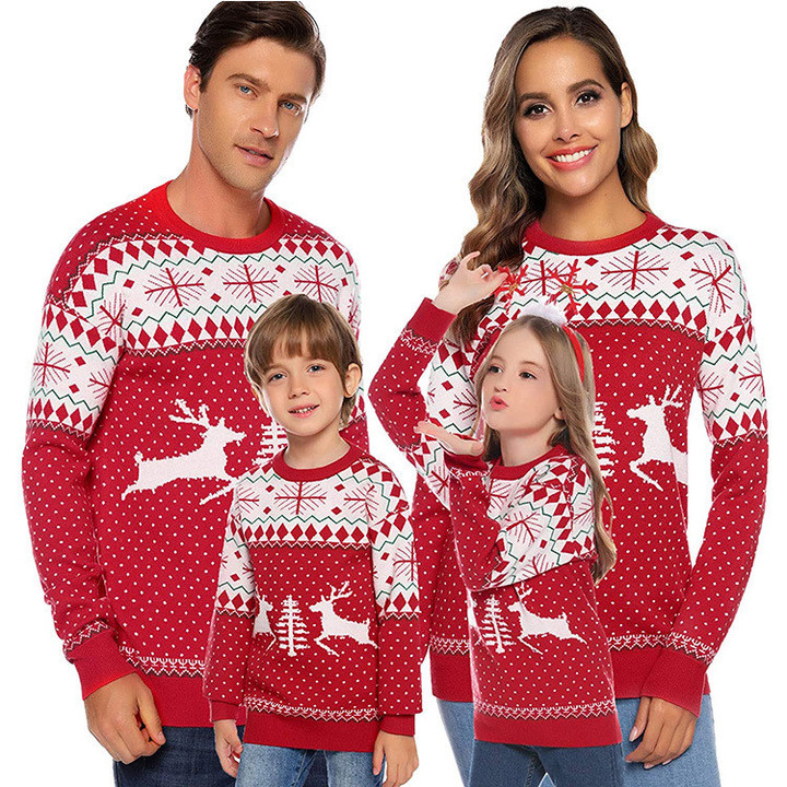 Christmas Brocade Sweater Printed Elk Parent-child Reindeer For Women