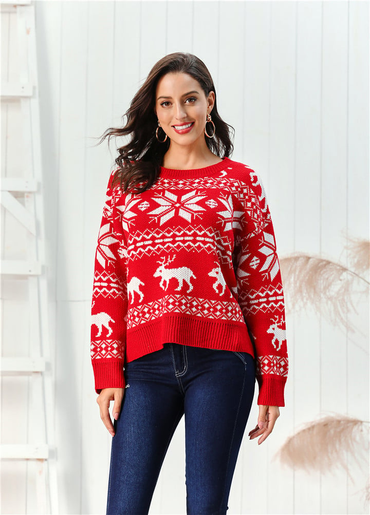 Snowflake Sweater Women's Pullover Round Neck Red Knitwear Christmas Style Top