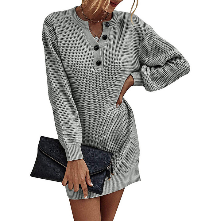Quality Women's Clothing Solid Color And V-neck Single-breasted Long Sleeve Knitted Dress Sweater Women