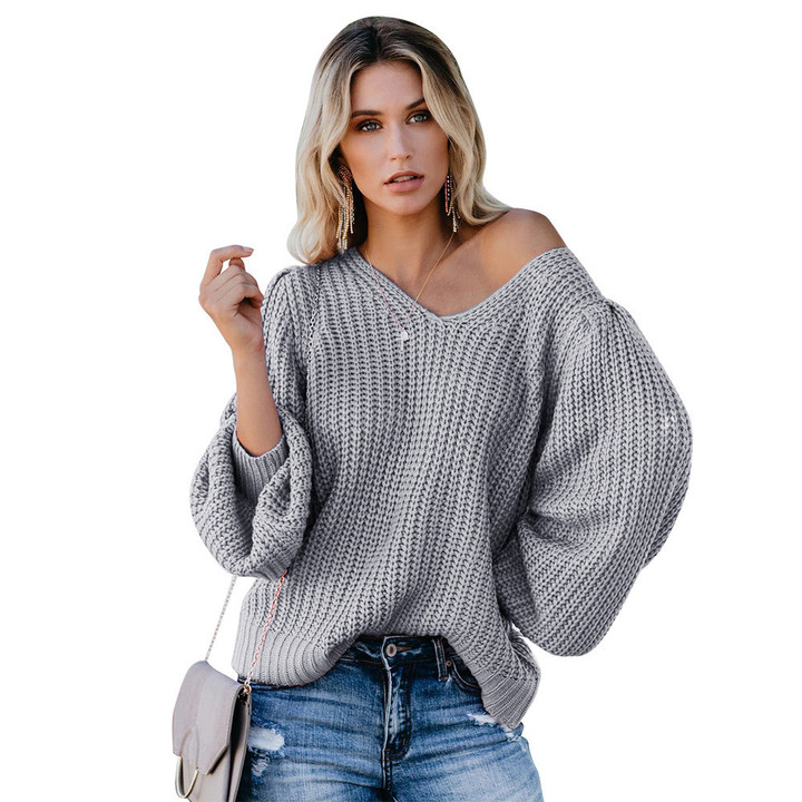 Women's Solid Color And V-neck Knitwear Loose Backless Lantern Sleeve Sweater