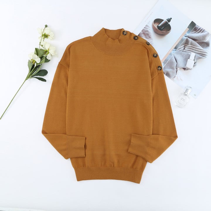 Solid Color Pullover Sweater Women's Mid-collar Bottoming Shirt Loose Breasted Women