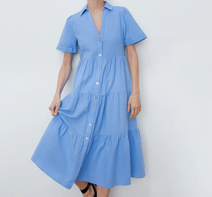 Blue Stitching Women's Dress Loose Temperament V-neck Midi Skirt Large Swing Evening Dresses
