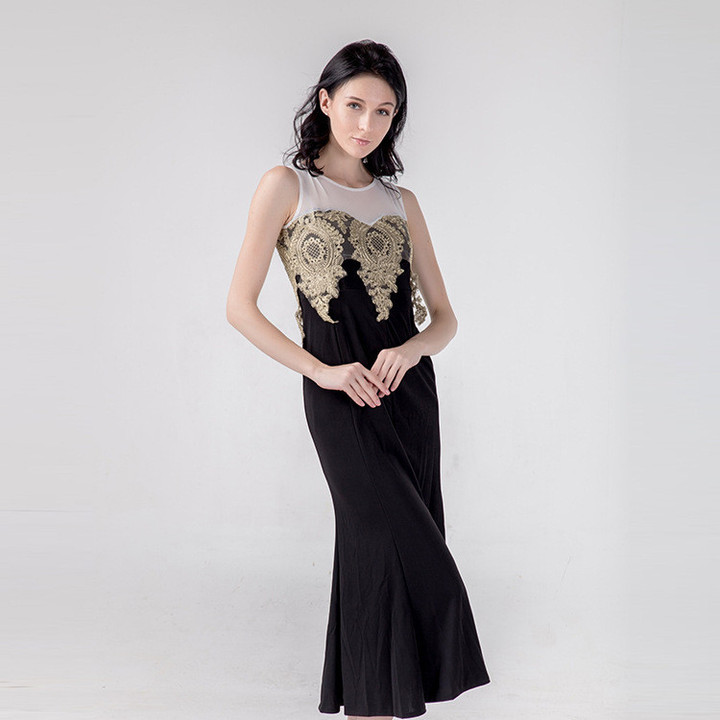 Evening Dress Applique Sexy Back Hollow Out See-through Sheath Fishtail Swing For Women