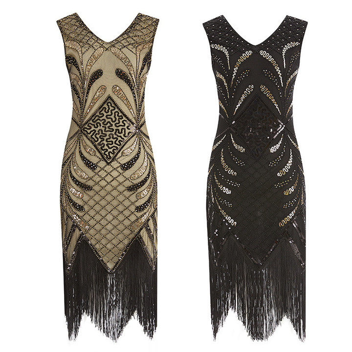Vintage Dress Handmade Beaded Sequined Tassel Evening Gown Plus Size Evening Dresses