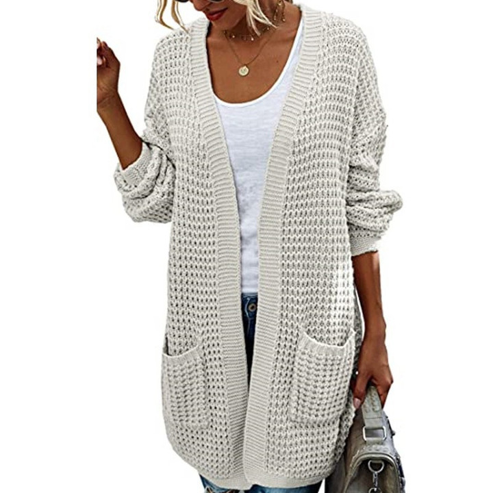 Casual Pocket Long Sleeve Knitted Cardigan Contrast Color Coat Sweater Women