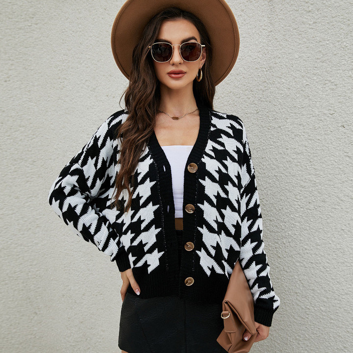 Women's Houndstooth Loose Sweater Coat Fashion V-neck Long Sleeve Knitted Cardigan