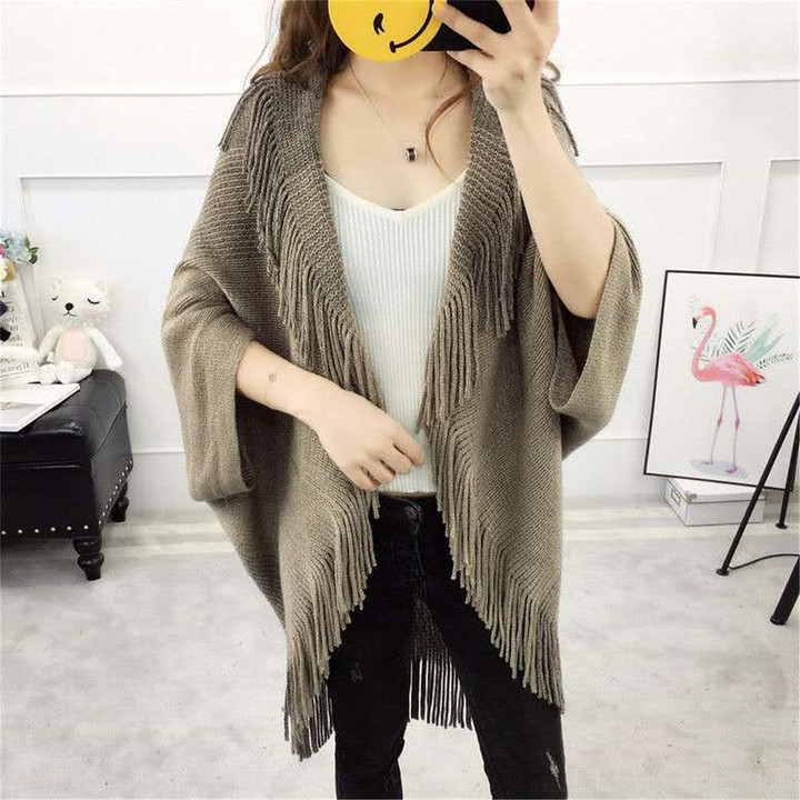 Fringed Sweater Women's Cardigan Outer Wear Plus Size Batwing Sleeve Knitted Shawl Loose