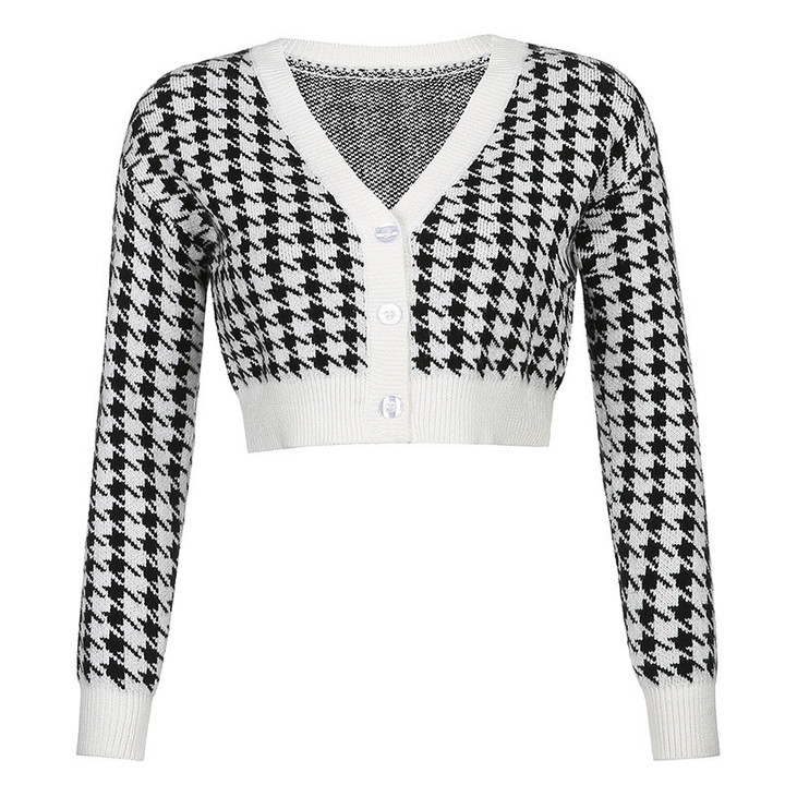 Women's Houndstooth Print Contrast Colors Slimming Short Cardigan Female Autumn